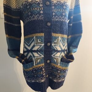 Women's Hooded Patterned Sweater - Blue and Cream